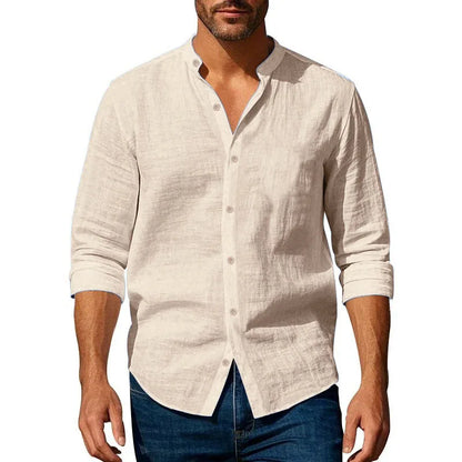 Men's Cotton Linen Henley Neck Slim Fit Shirt — Solid Color Breathable Long Sleeve Button Up