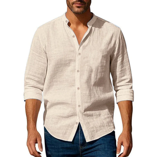 Chemise Henley ajustée en coton et lin pour homme — Respirante à manches longues boutonnée