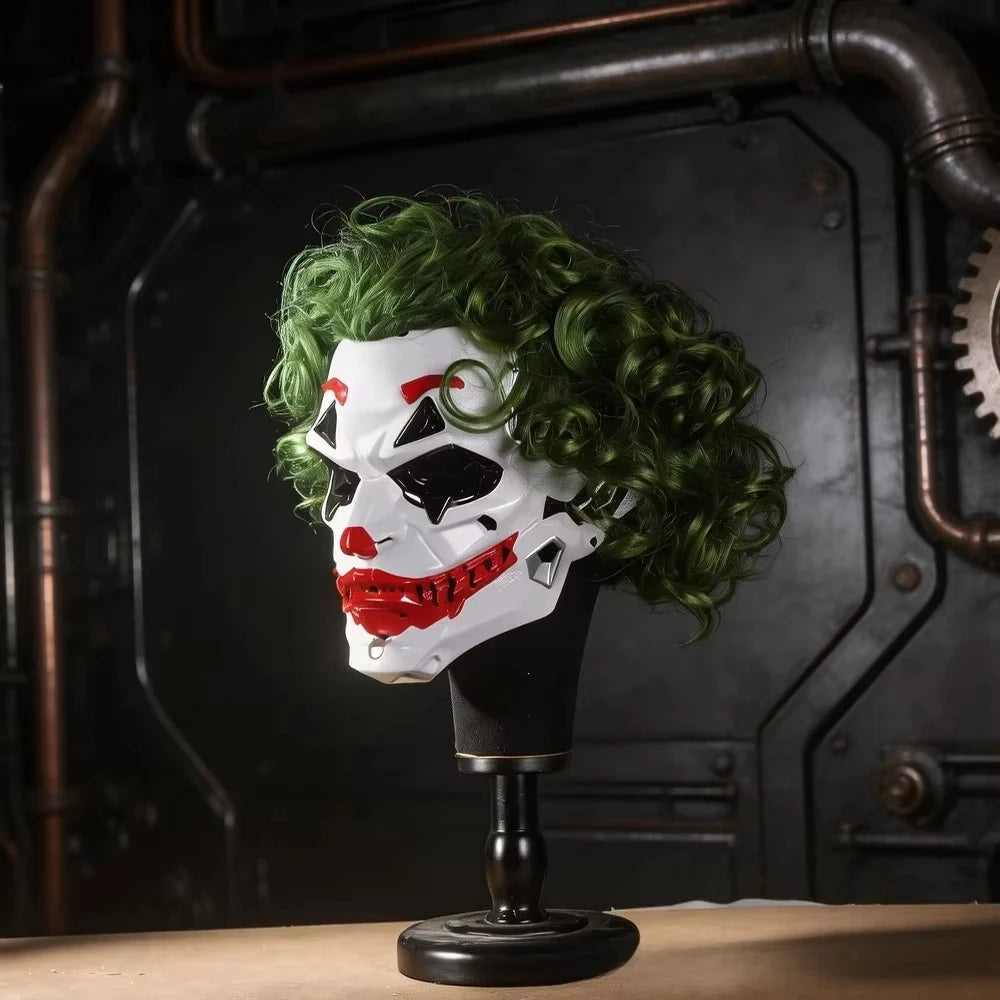 Cyberpunk Clown Mask with Green Hair Halloween Party Masquerade Costume Prop Scary Cosplay Accessories for Adults