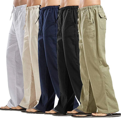 Men's Cotton Linen Pants — Solid Color Breathable Elastic Waist Casual Summer Trousers
