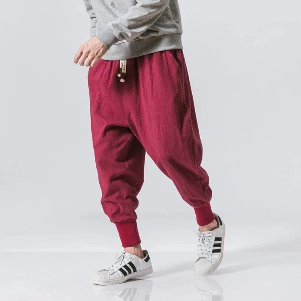 Men's Cotton Linen Harem Pants — Baggy Drop-Crotch Streetwear Joggers