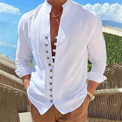 Men's Cotton Linen Shirt — Long Sleeve Button-Up Solid Color Plus Size Casual Top