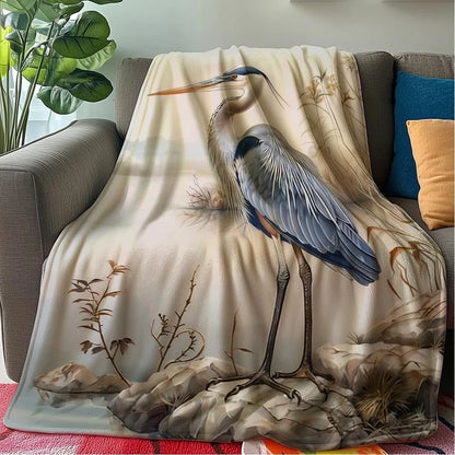 Extra Large 60"x80" Blue Heron Bird Print Flannel Throw Blanket - Soft Warm All-Season Luxury Bedspread with White Heron & Herons in Flight Design, Beige & Blue Nature Theme for Bed, Sofa, Couch - Machine Washable for Adults,