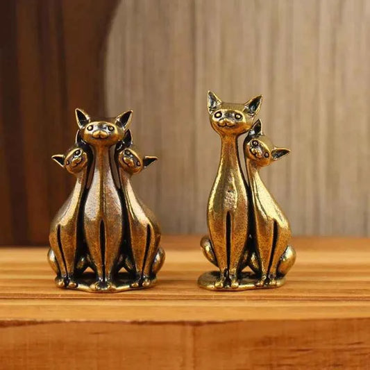 2PCS Copper Craft Brass Cat Statue Home Decor Animal Desk Ornaments Desktop Home Decoration Collectible Cute Statue Ornament