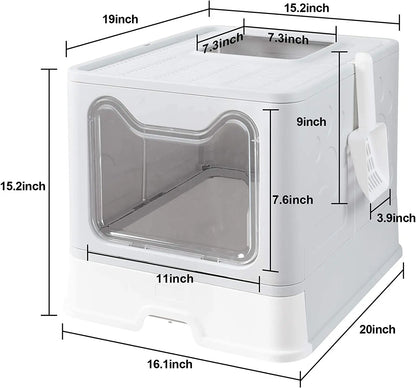 Front Entry Top Exit Cat Litter Box — Foldable Hooded Kitty Toilet with Scoop & Drawer, Extra Large