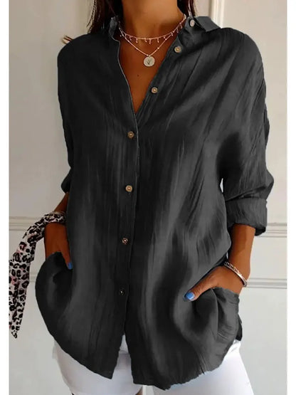 Women's Lapel Long Sleeve Solid Shirt — Casual Single Breasted Blouse Top