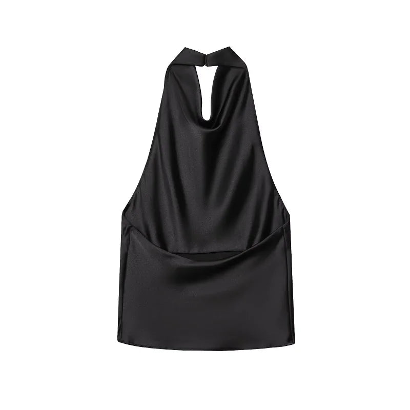MUJER Women's Halter Satin Camisole Top — Off Shoulder Backless Summer Top