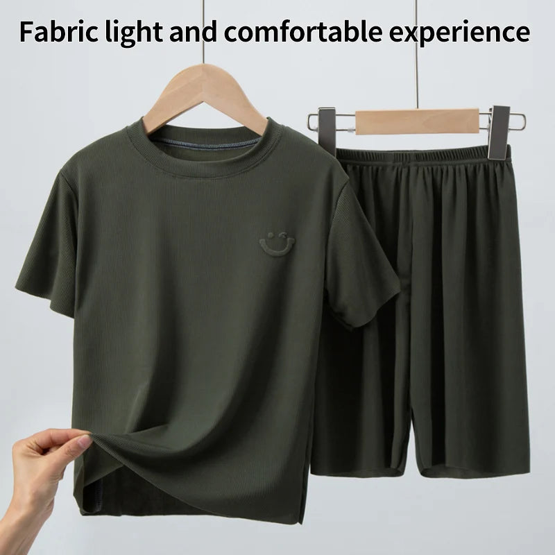 Children's Ice Silk Pajamas, Summer Thin Short Sleeved Shorts, 2-Piece Set of Big Boys and Girls' Home Clothing Set