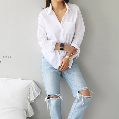 Women's Cotton Blouse White Shirt — OL Style Long Sleeve Fashion Top