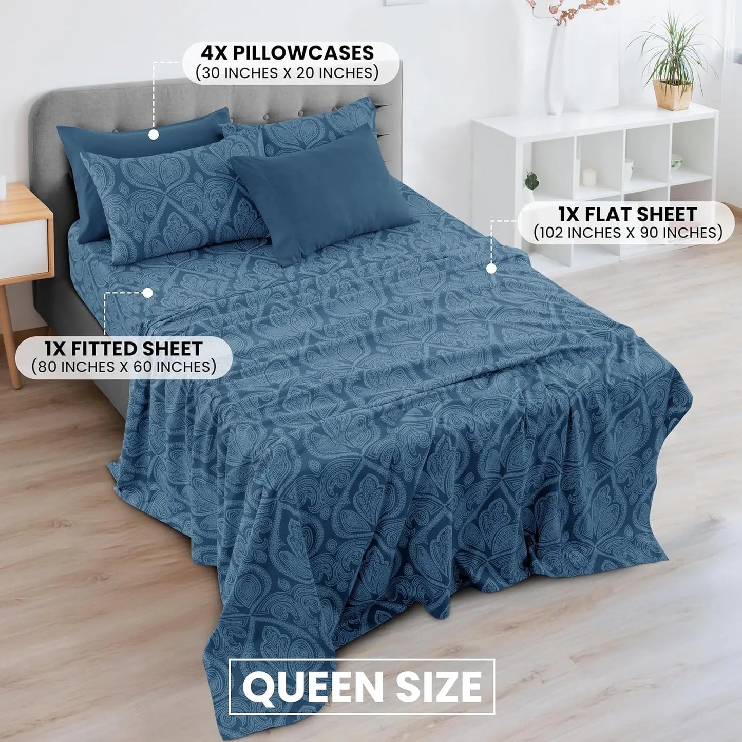 Queen Sheet Set 6 Piece, Paisley Floral Pattern Microfiber Bed Sheets with 16" Deep Pocket, Wrinkle-Free Breathable Bedding