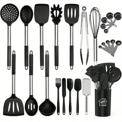 26-Piece Silicone Cooking Utensil Set with Stainless Steel Handles, Holder and Grater