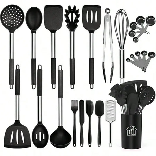 26-Piece Silicone Cooking Utensil Set with Stainless Steel Handles, Holder and Grater