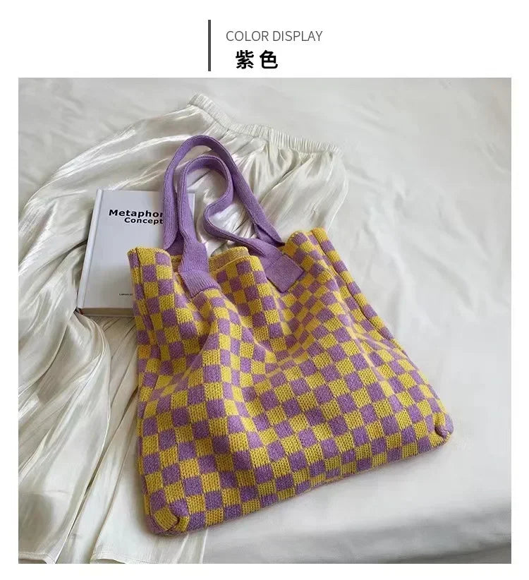Plaid Wool Knitted Tote Bag, Color-Matched Design