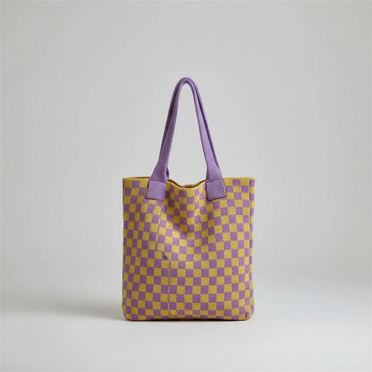 Plaid Wool Knitted Tote Bag, Color-Matched Design
