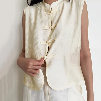 Linad Women's Vintage Chinese Knot Stand Collar Vest — Sleeveless Casual Tank Top