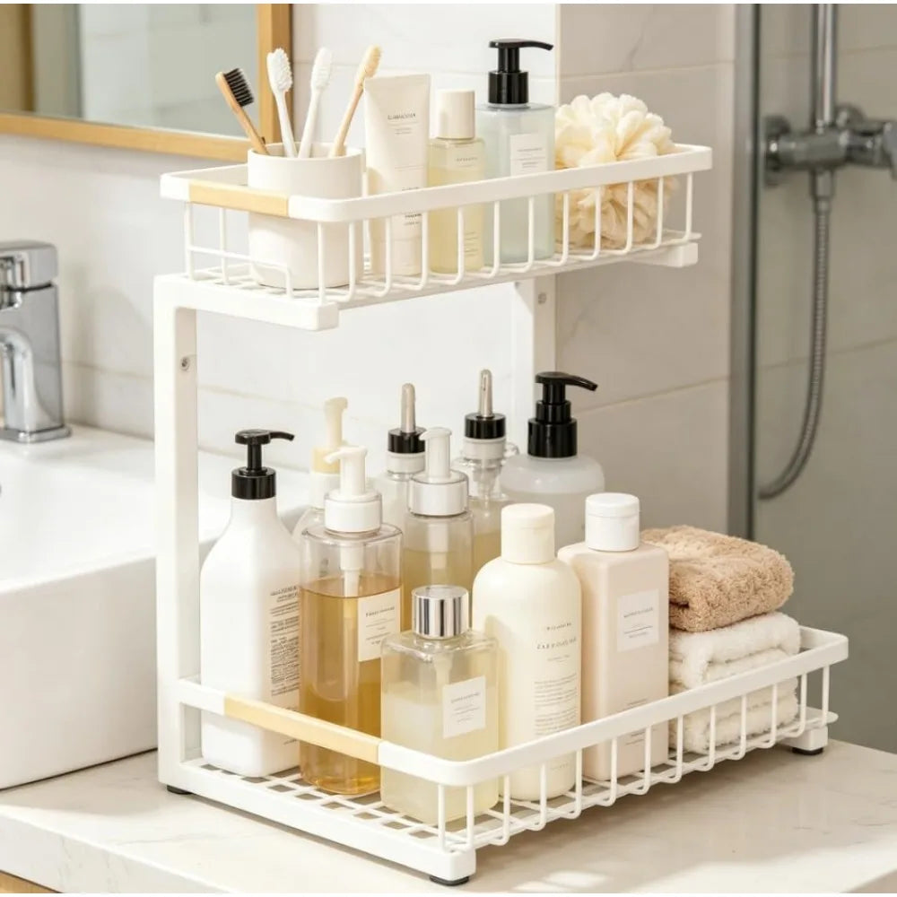2-Tier Under Sink Organizer with Pull-Out Sliding Drawers, White and Black