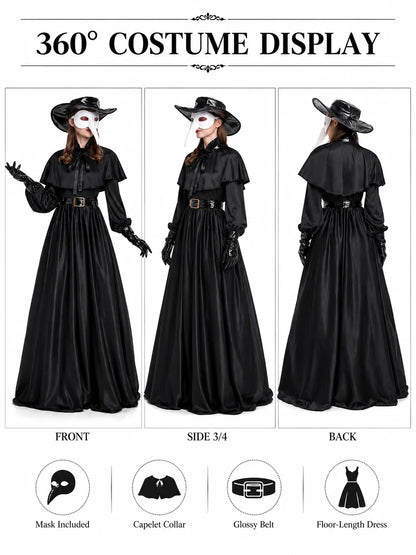 Women Plague Doctor Costume Set Medieval Gothic Long Dress with Cape Belt Hat Gloves Bird Beak Mask Steampunk Halloween Cosplay Outfit for Carnival Party