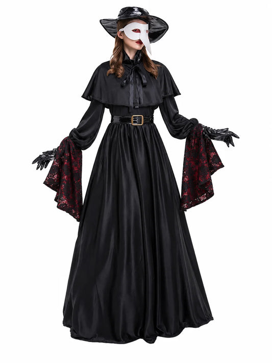 Women Plague Doctor Costume Set Medieval Gothic Long Dress with Cape Belt Hat Gloves Bird Beak Mask Steampunk Halloween Cosplay Outfit for Carnival Party