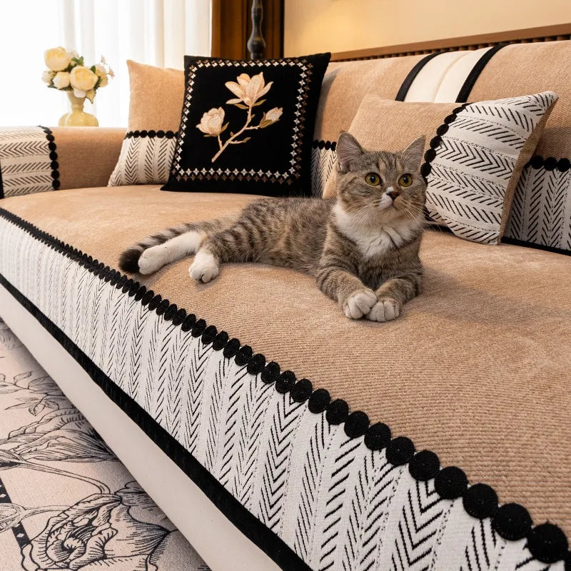 Chenille Sofa Cover, Non-Slip, Contrast Hem
