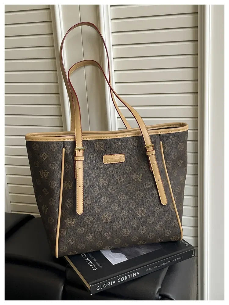 Beige Printed Commuter Tote, Large Capacity