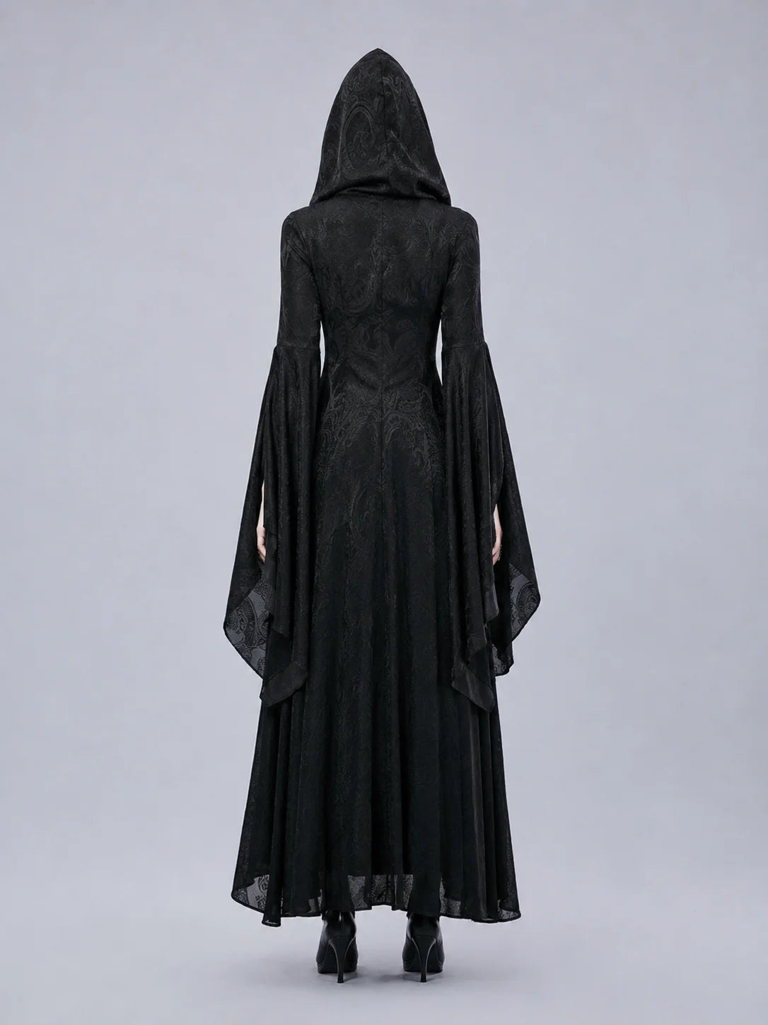 Women Gothic Witch Hooded Maxi Dress Bell Long Sleeve Jacquard Mesh V‑Neck Button Front Floor‑Length Gown Halloween Cosplay Costume for Party Carnival