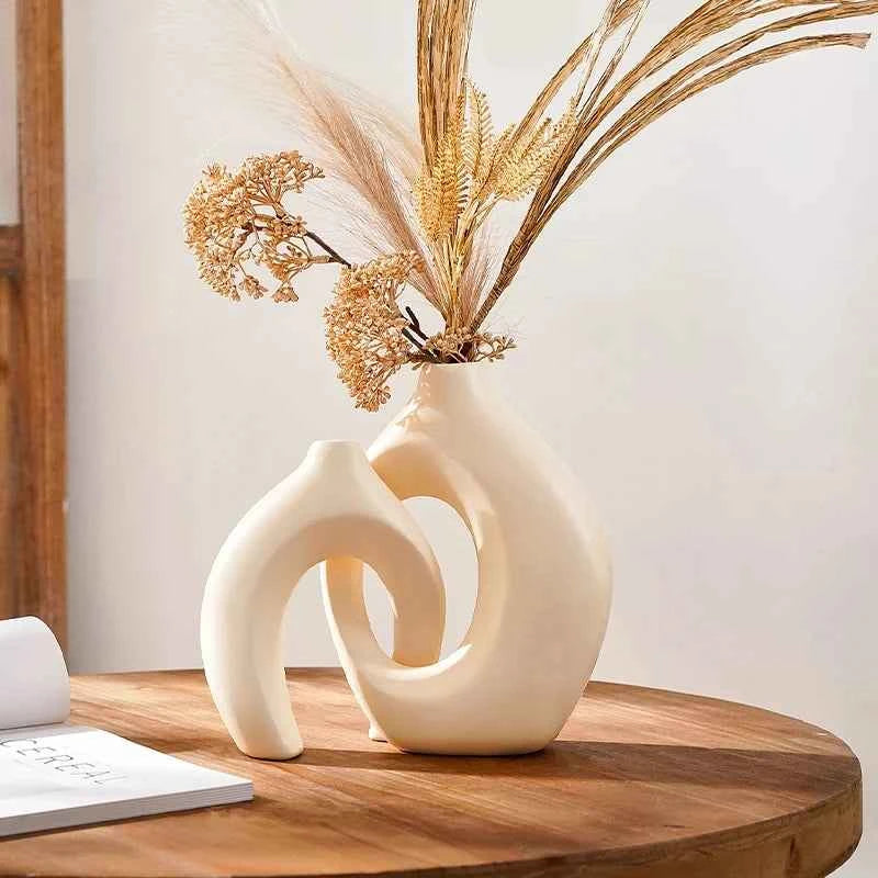 Hollow Nordic Modern  Vase Set of 2 for Modern Home Decor,Plastic imitation ceramic Hollow Flower Vases for Living Room