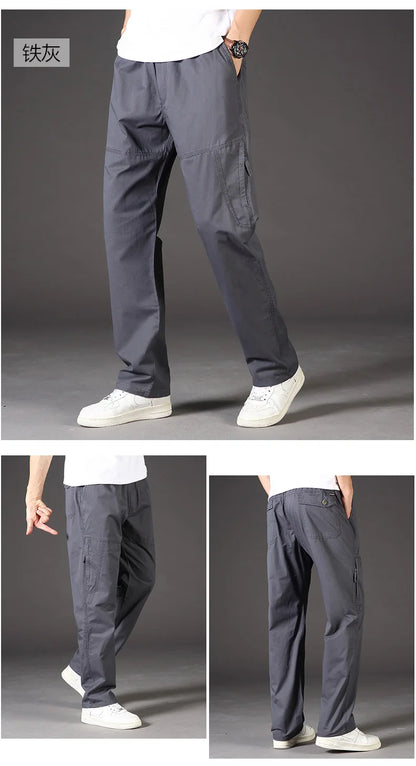 Men's Cotton Cargo Overalls Jogger Trousers — Stretch Waist Work Utility Sweatpants