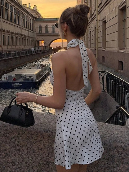 Women's Polka Dot Off-Shoulder Halter Mini Dress — Y2K Summer Club Party Dress