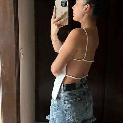 MUJER Women's Black Backless Crop Top — Sleeveless White Strappy Evening Top