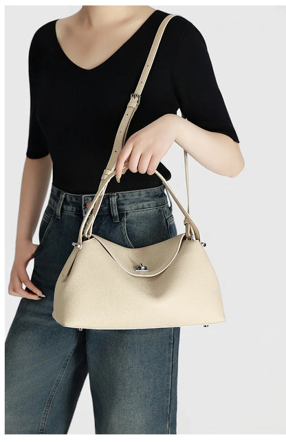 Retro Cowhide Leather Tote, Large Capacity Shopping Bag