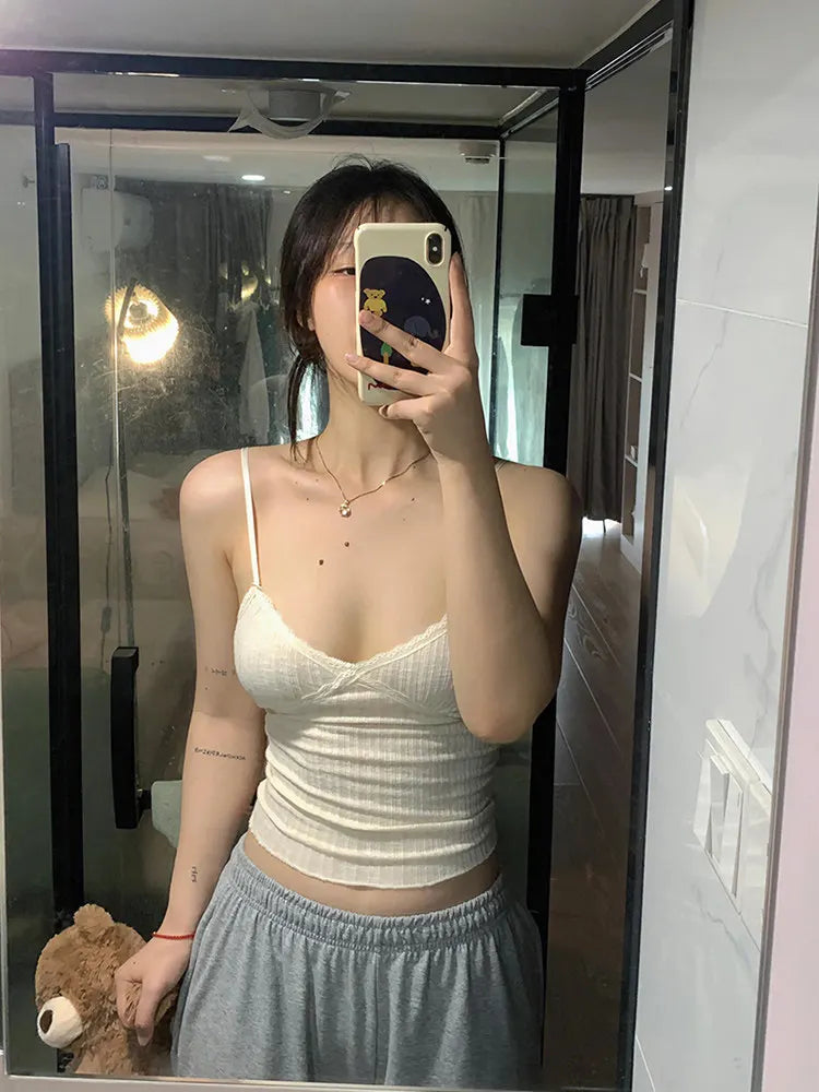 Women's V-Neck Ribbed Lace Cami Top — Built-in Bra Strappy Vest Tank