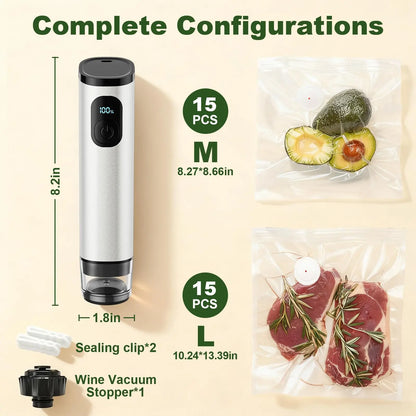Portable Aluminum Electric Vacuum Food Sealer with 30 Reusable Bags, Wine Stopper and Sealing Clips