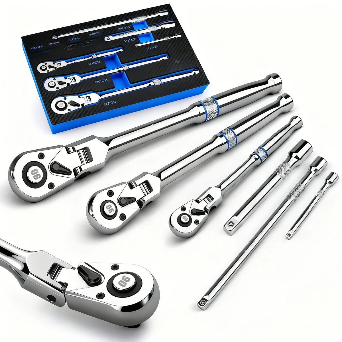 6pcs/3pcs Twist Head Ratchet Set, 1/4", 3/8", 1/2" Drive, Twist Head Ratchet Wrench with Extension Bar, 72 Teeth, 180 °   Adjustable, Quick Release, Flexible Ratchet Handle with EVA Foam.