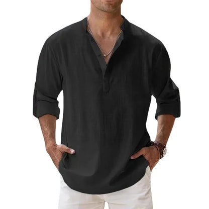 Men's Cotton Linen Long Sleeve Henley Beach Shirt — Solid Color Hawaiian Vacation Top