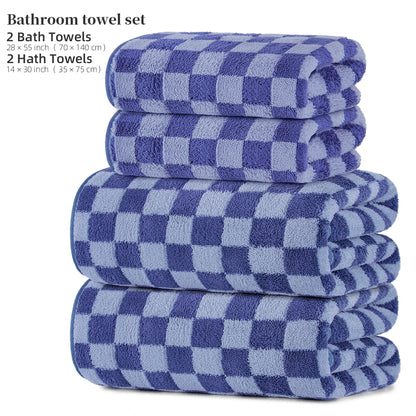 4-Piece Towel Set, 2 Bath Towels + 2 Hand Towels, Checkerboard Pattern
