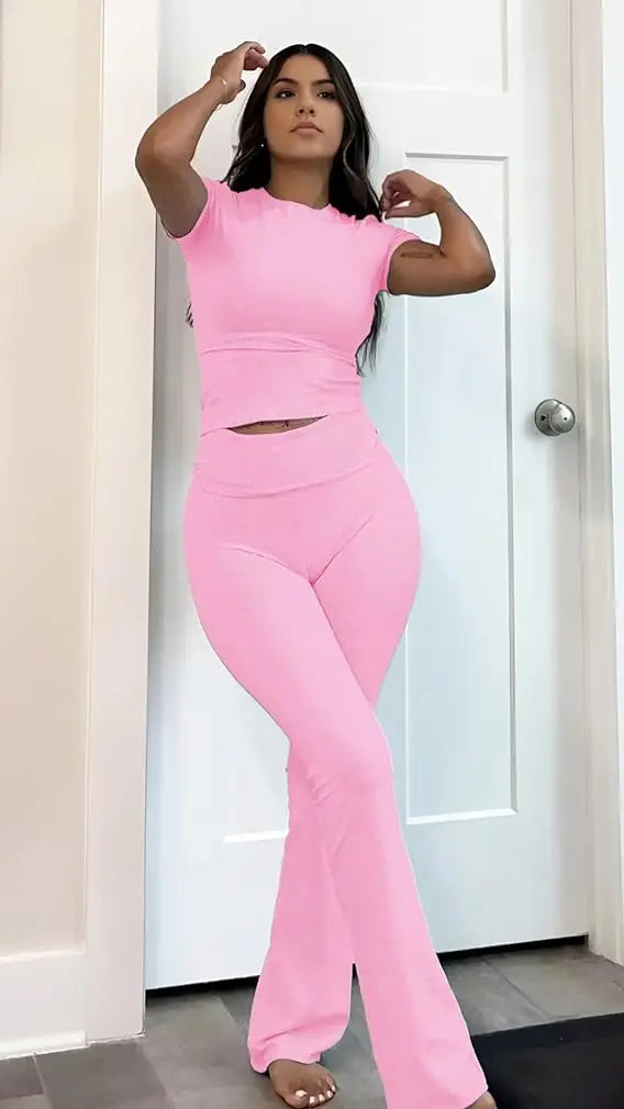 Women’s 2-Piece Short Sleeve Yoga Set — Flared Trousers & Crop Top
