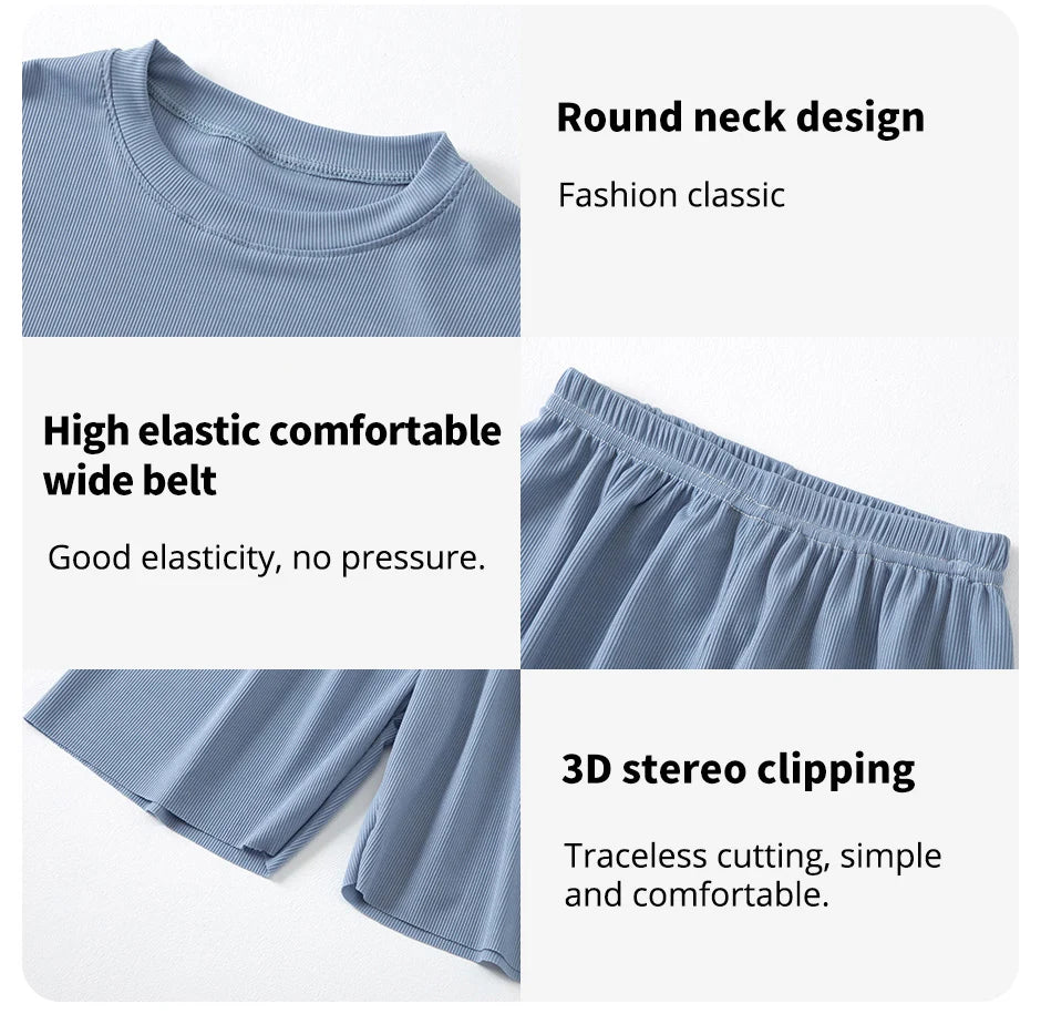 Children's Ice Silk Pajamas, Summer Thin Short Sleeved Shorts, 2-Piece Set of Big Boys and Girls' Home Clothing Set