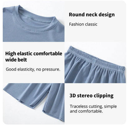 Children's Ice Silk Pajamas, Summer Thin Short Sleeved Shorts, 2-Piece Set of Big Boys and Girls' Home Clothing Set