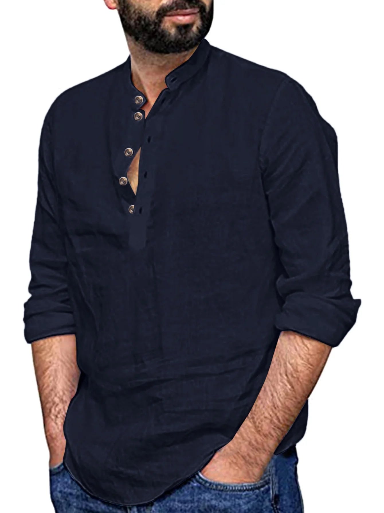 Men's Casual Long Sleeve Henley Shirt — Mandarin Collar Loose Fit Pullover Top