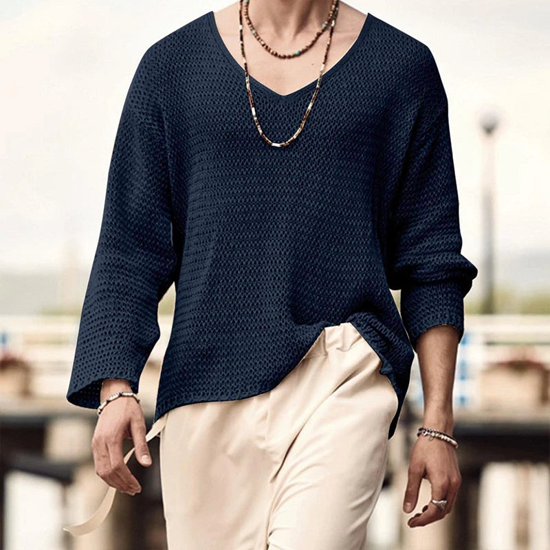 Men's Luxury Knit V-Neck Long Sleeve T-Shirt — Solid Color Hollow Out Loose Streetwear Tee