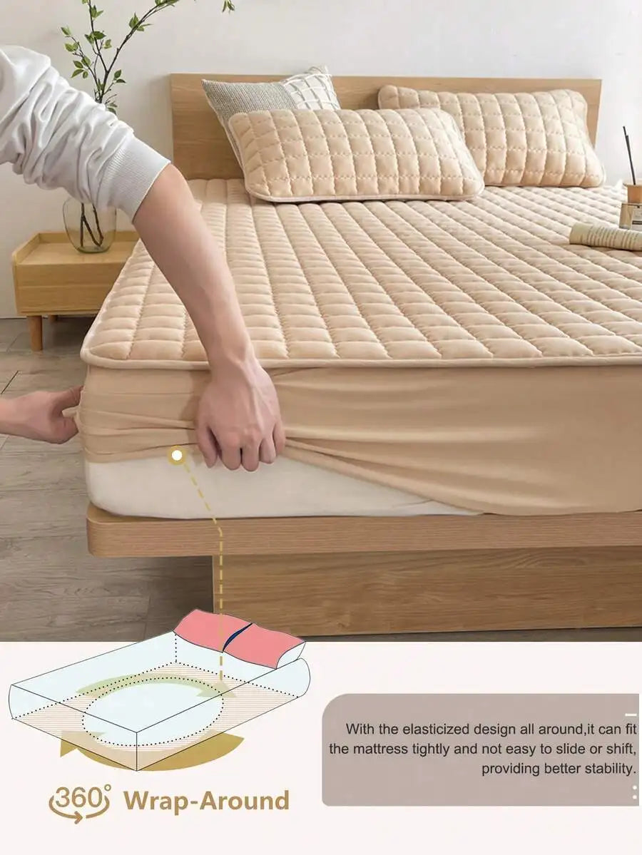 Quilted Fitted Sheet Soft Comfortable Mattress Cover Solid Color Bedding For Adult Beds