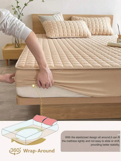 Quilted Fitted Sheet Soft Comfortable Mattress Cover Solid Color Bedding For Adult Beds