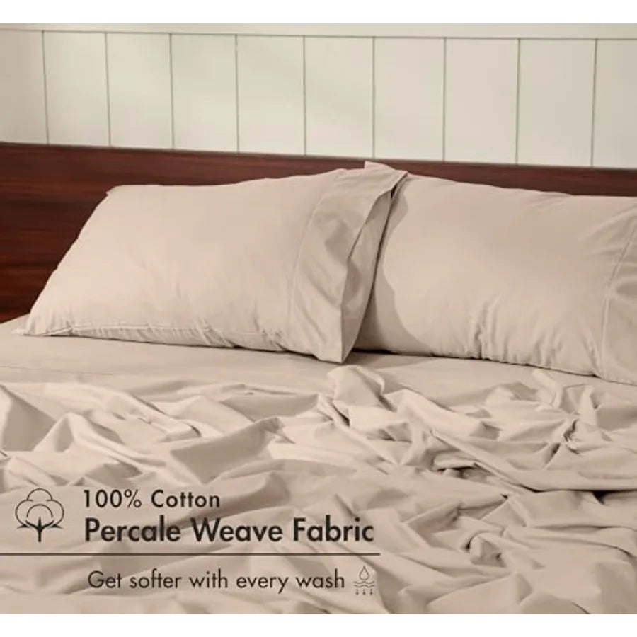 100% Cotton Percale Sheets Crisp Cooling Summer Bed Sheets for Hot Sleepers, Deep Pocket 12", Soft Peach Finish, Breathable and