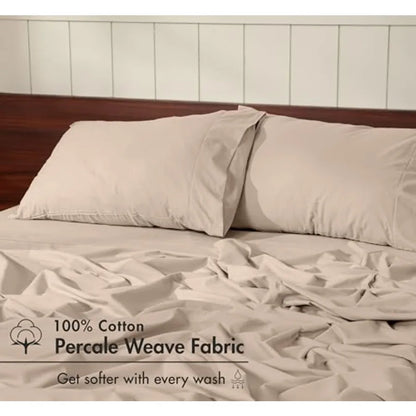 100% Cotton Percale Sheets Crisp Cooling Summer Bed Sheets for Hot Sleepers, Deep Pocket 12", Soft Peach Finish, Breathable and