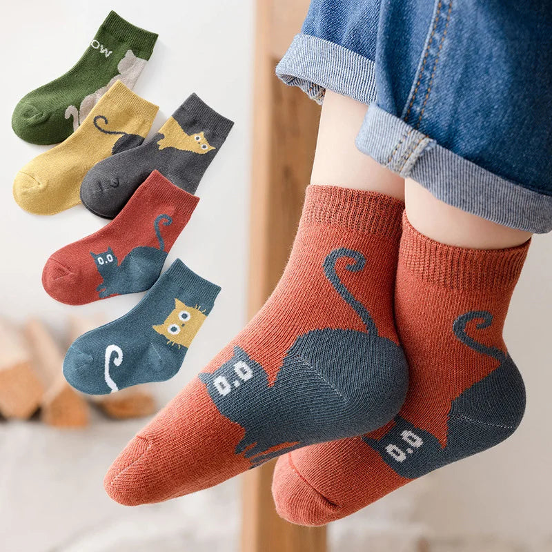 5 Pairs Kids Socks Cartoon Cat Pattern Comfortable Breathable Children Socks For Boys And Girls