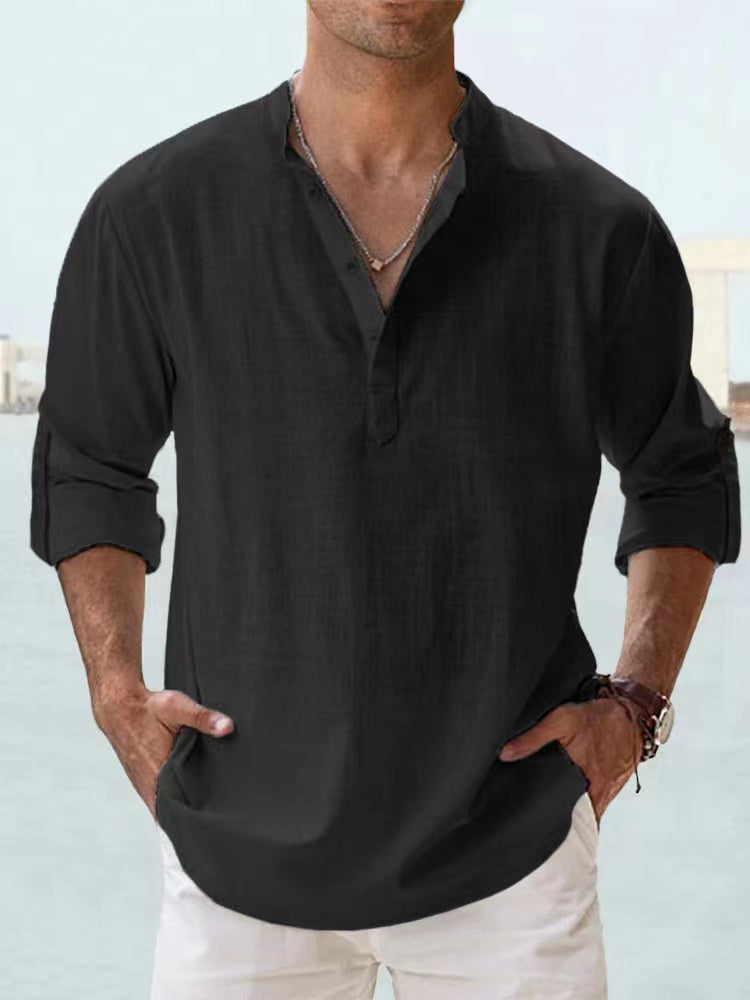Men's Cotton Linen Long Sleeve Henley Beach Shirt — Lightweight Hawaiian T-Shirt