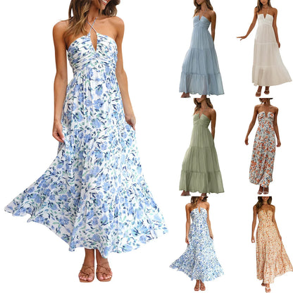 Women's Spaghetti Strap V-Neck Long Chiffon Dress — Off Shoulder Casual Maxi