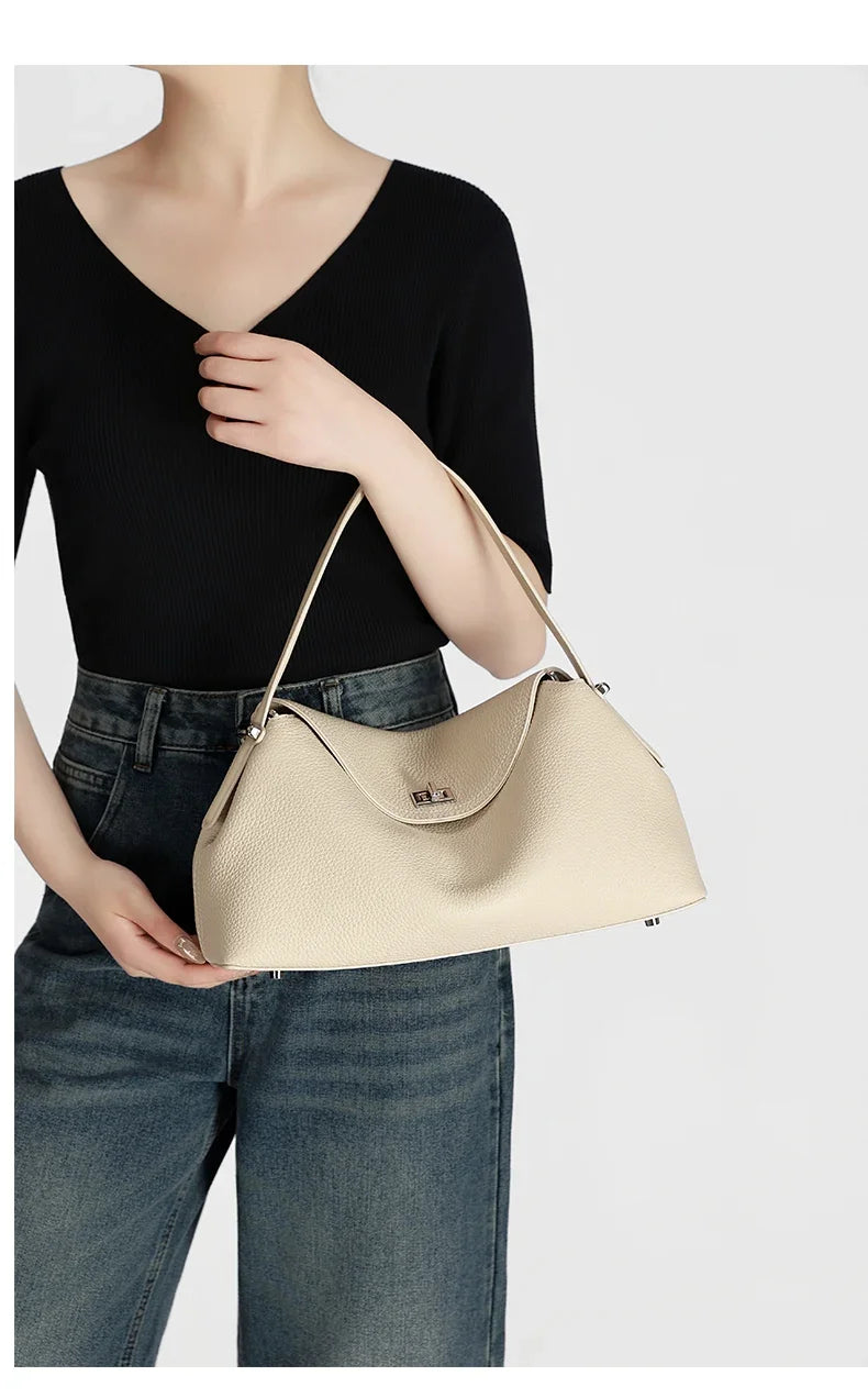 Retro Cowhide Leather Tote, Large Capacity Shopping Bag