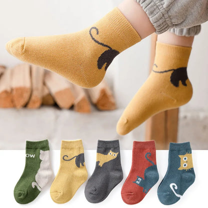 5 Pairs Kids Socks Cartoon Cat Pattern Comfortable Breathable Children Socks For Boys And Girls
