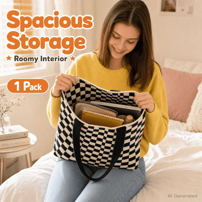 Plaid Wool Knitted Tote Bag, Color-Matched Design